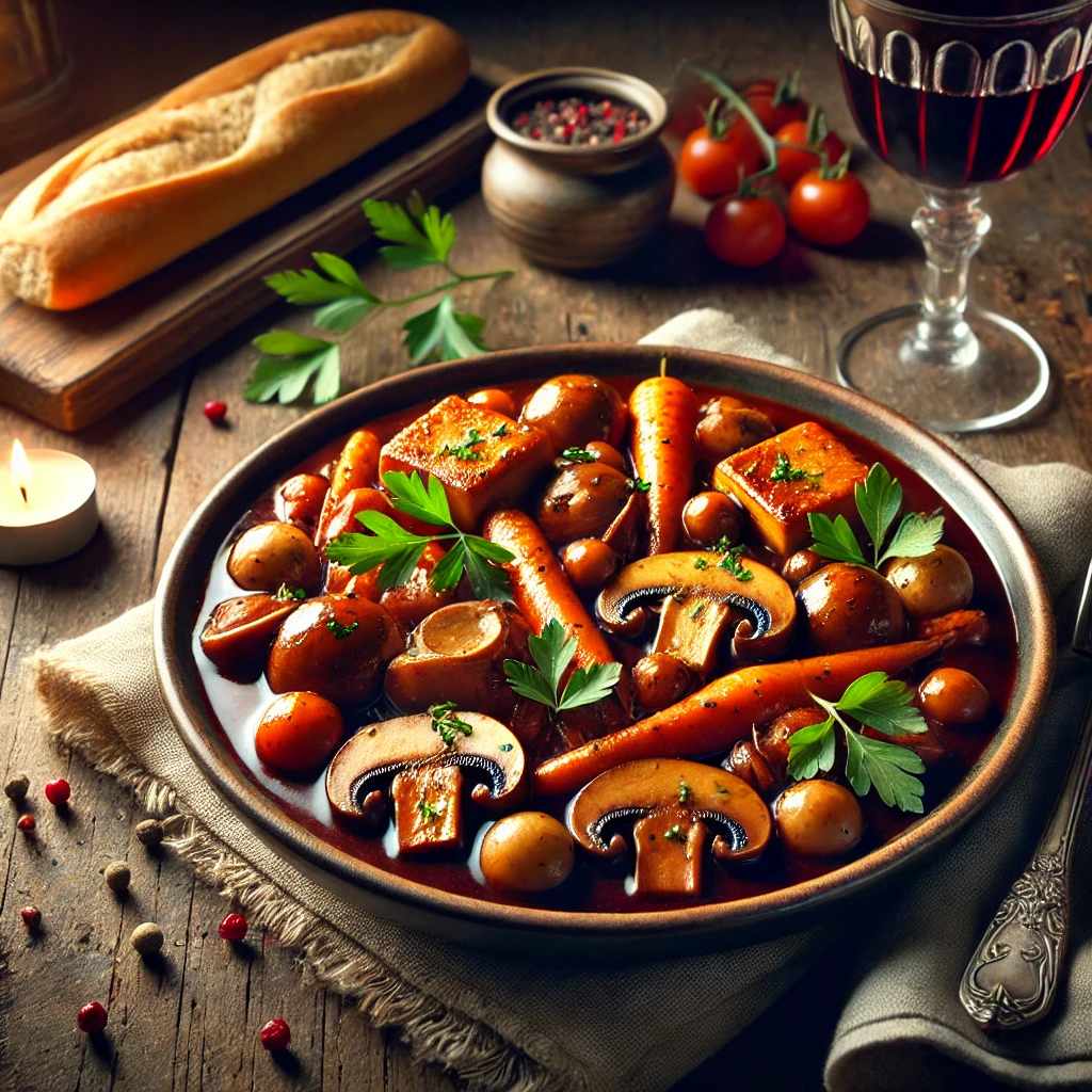 DALLE 2025-03-10 14.49.29 - A rustic French dish of vegetarian Coq au Vin served in a deep plate. The dish consists of hearty mushrooms, carrots, pearl onions, and smoked tofu in