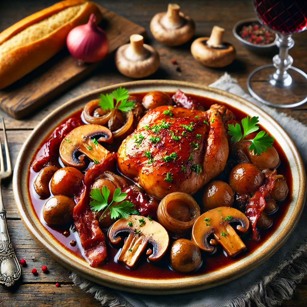 DALLE 2025-03-10 14.24.15 - A rustic French dish of Coq au Vin served in a deep plate. The dish consists of tender braised chicken in a rich red wine sauce, garnished with fresh